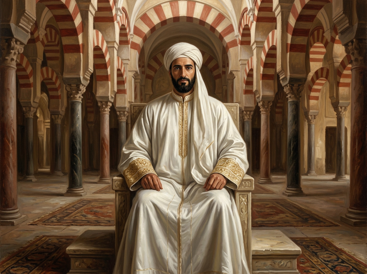تصوّر فني لعبدالرحمن الناصر لدين الله كما وُصف في كتب التاريخ — صورة مولّدة بالذكاء الاصطناعي