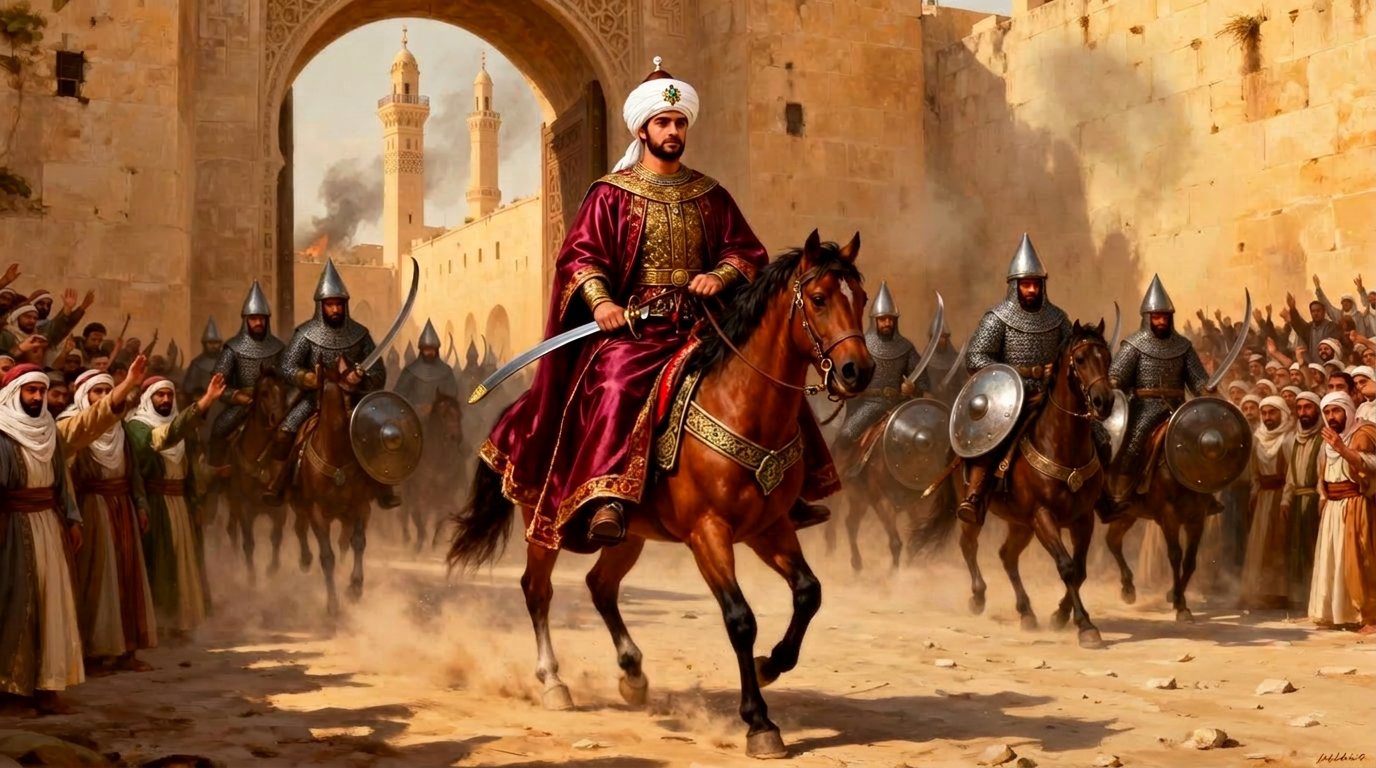 موكب السلطان الأشرف خليل بن قلاوون بعد فتح عكا — تصوير فني مولد بالذكاء الاصطناعي