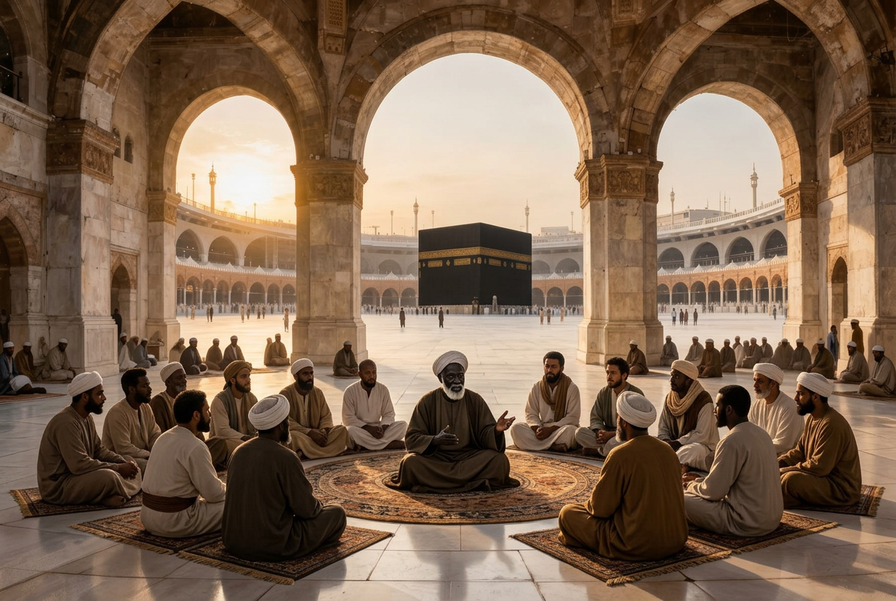 تصوّر فني لحلقات العلم في المسجد الحرام في عصر التابعين — صورة مولّدة بالذكاء الاصطناعي