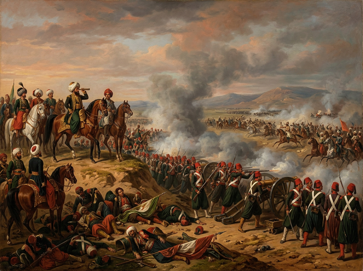 تصوّر فني لمعركة نزيب 1839م بين الجيش المصري بقيادة إبراهيم باشا والجيش العثماني — صورة مولّدة بالذكاء الاصطناعي