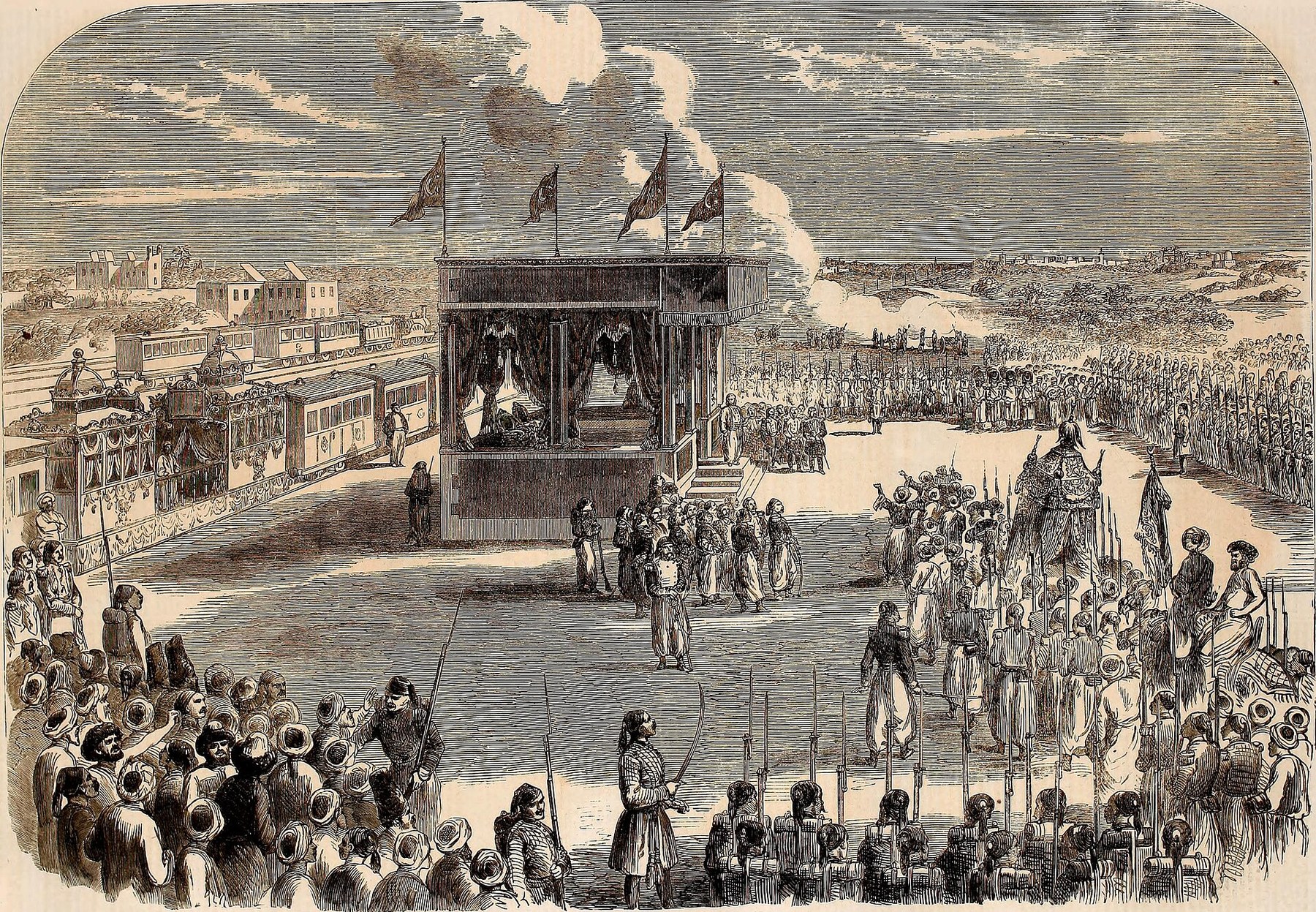 تسيير المحمل وقافلة الحج من القاهرة إلى مكة — نقش نُشر في The Illustrated London News سنة 1861م. ويكيميديا كومنز (Public Domain) · commons.wikimedia.org/wiki/File:Dispatching_the_Mahmal,_or_Holy_Carpet,_from_Cairo_to_Mecca_-_ILN_1861.jpg