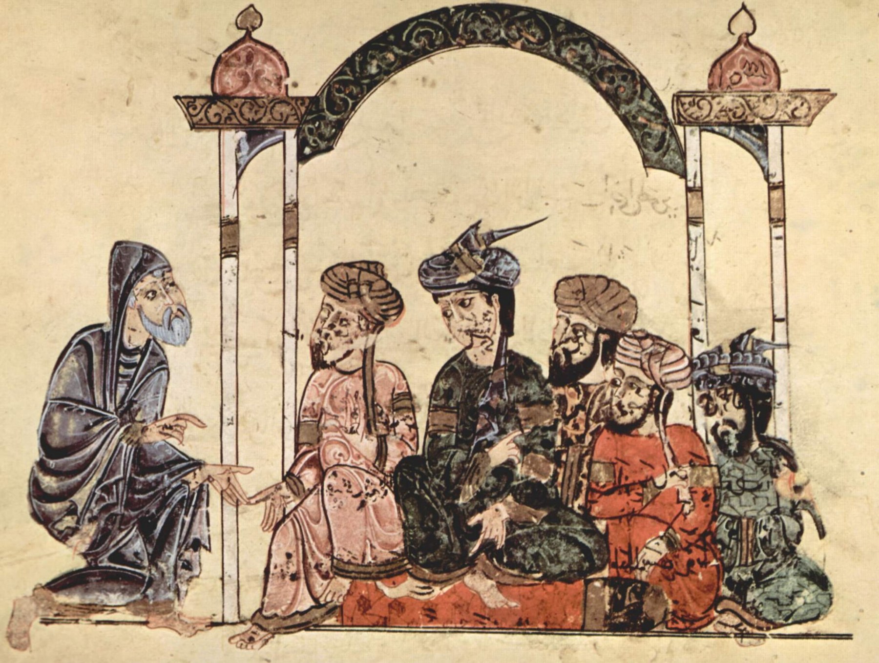 منمنمة من «مقامات الحريري» بريشة رسّام شامي سنة 1222م — مجلس علم في المشرق الإسلامي زمن ابن الأثير. ويكيميديا كومنز (Public Domain)