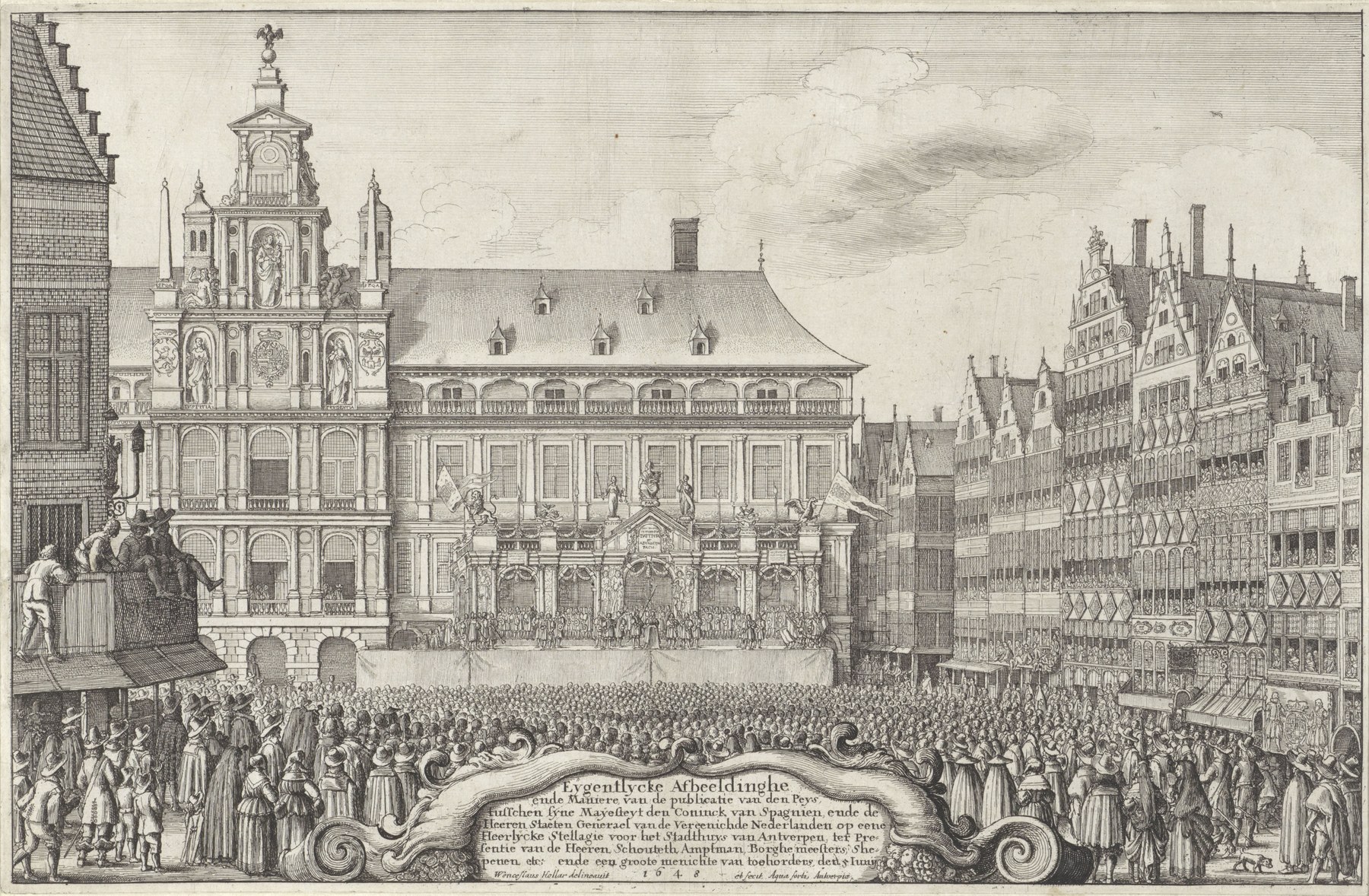 «إعلان صلح مونستر في أنتويرب، 1648م» — مطبوعة حفر معاصرة للحدث. Rijksmuseum، أمستردام (Public Domain Mark) · rijksmuseum.nl/en/collection/object/RP-P-OB-11.243